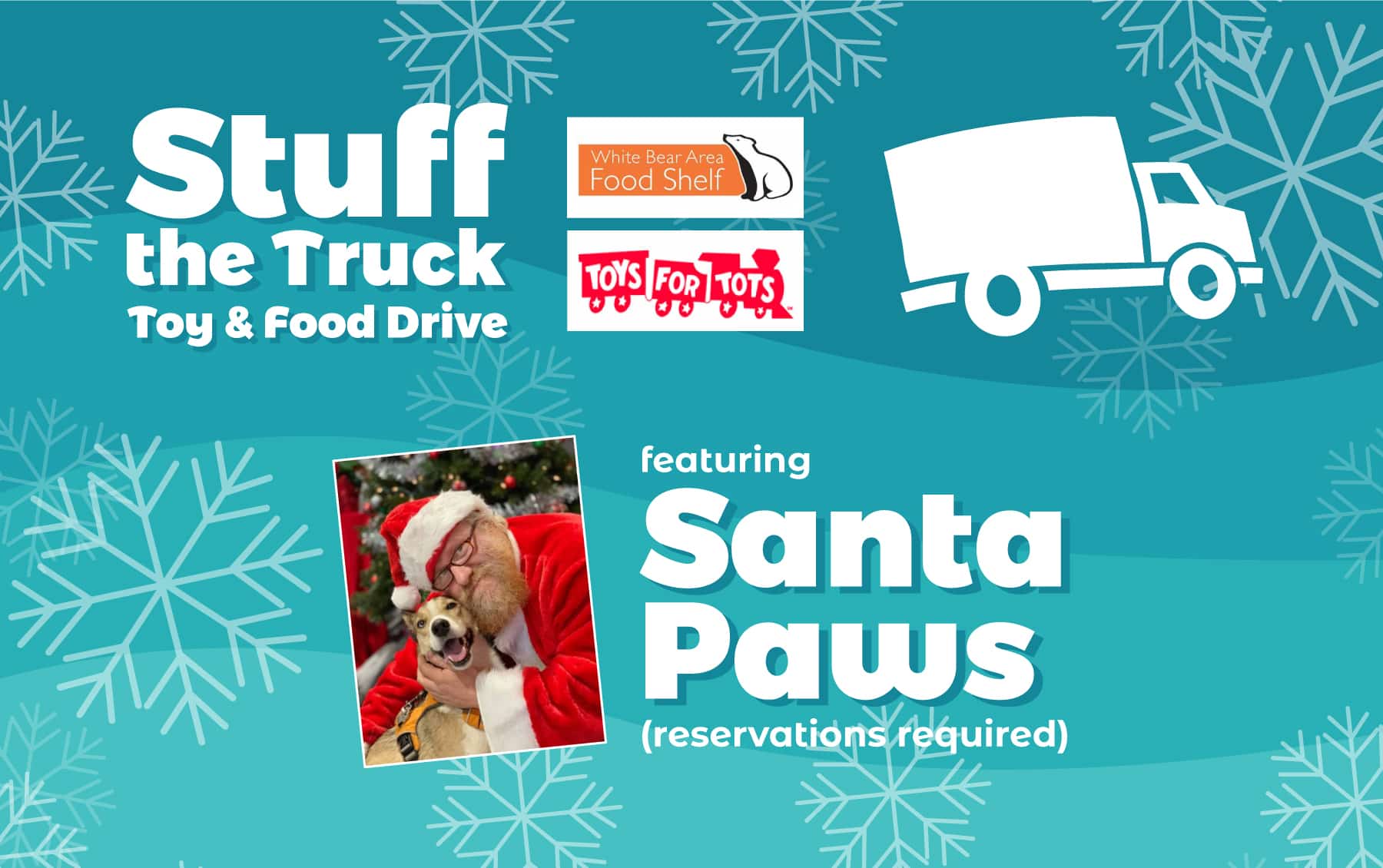Promotional graphic for Stuff the Truck Toy & Food Drive featuring Santa Paws (reservations required)
